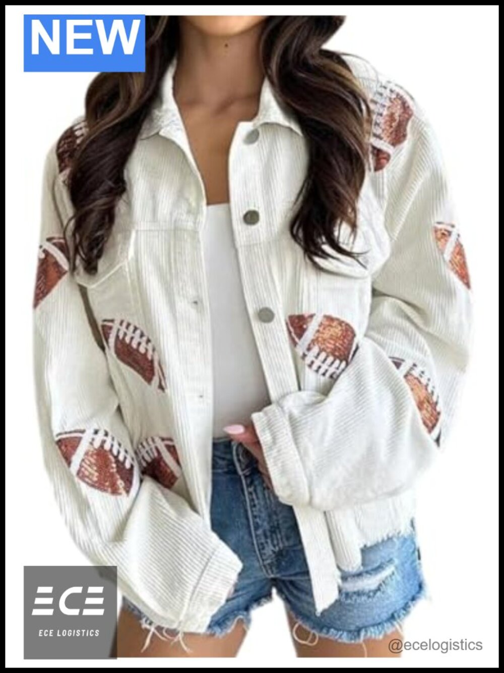 SeekMe Women Cropped Corduroy Football Jacket Sequin Rugby Patched